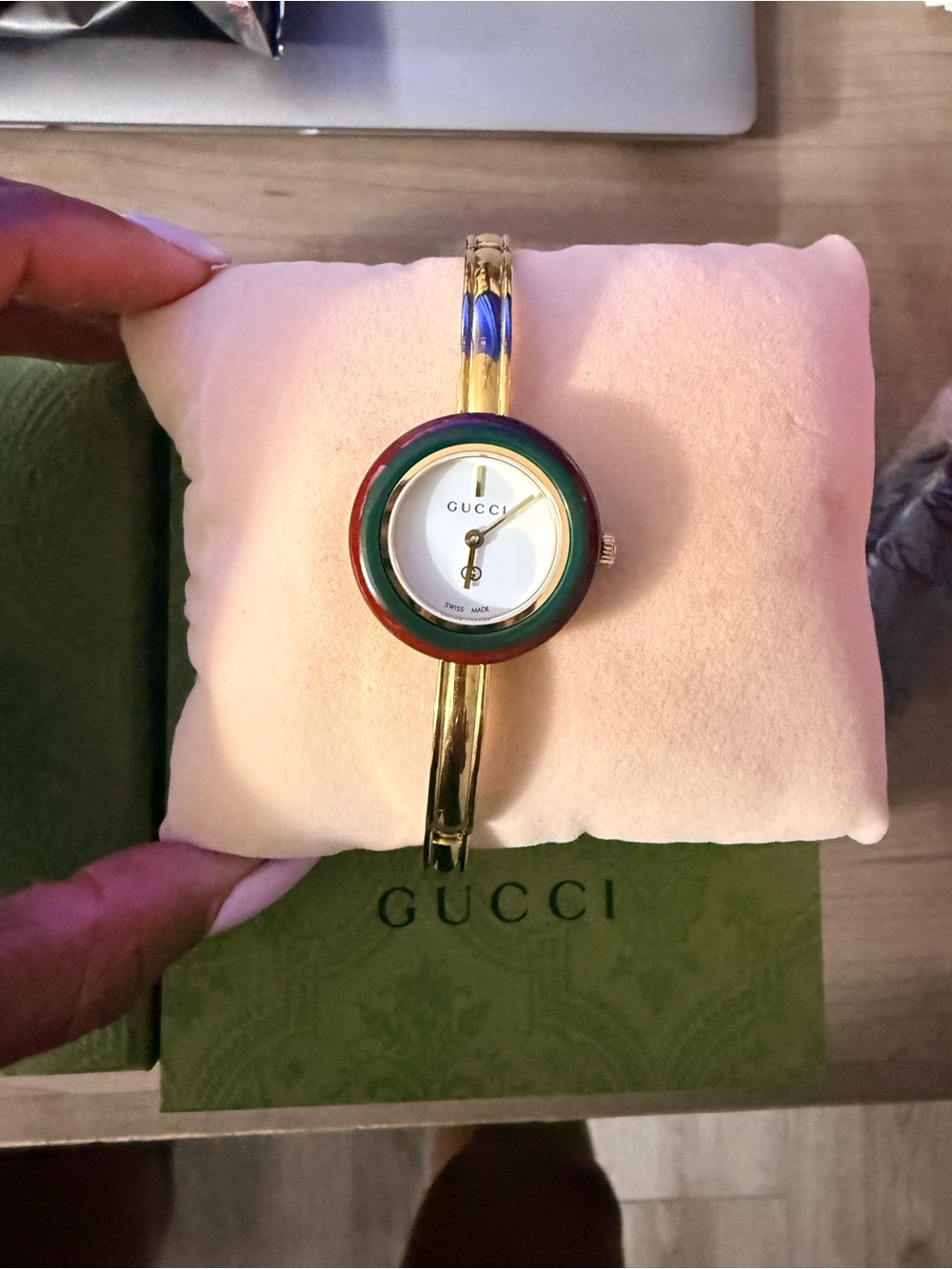 Gucci Gold Bangle Watch with Green and Red Enamel Bezel
